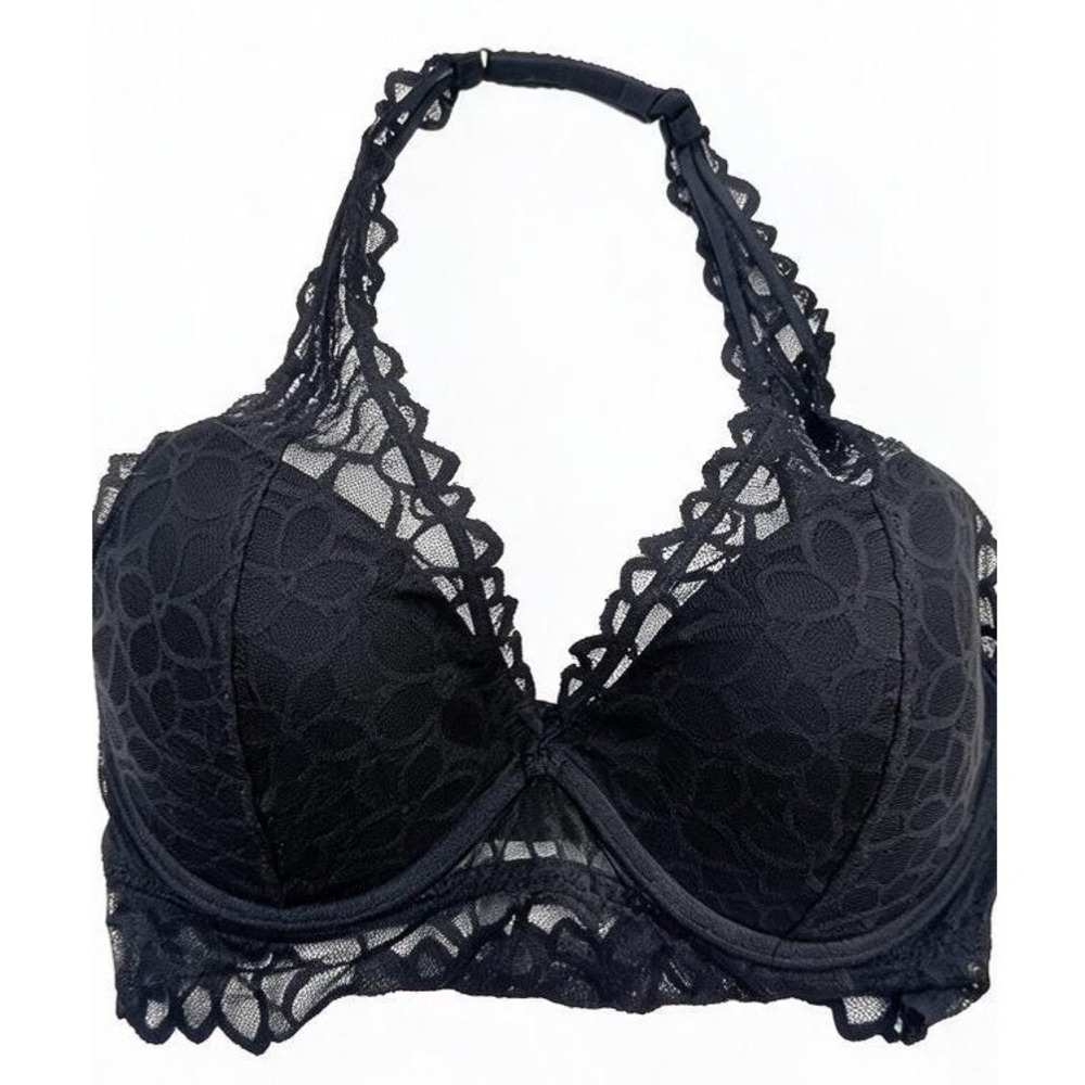 Victorias Secret PINK Black Lace Halter Underwire Padded Bralette Heart Logo